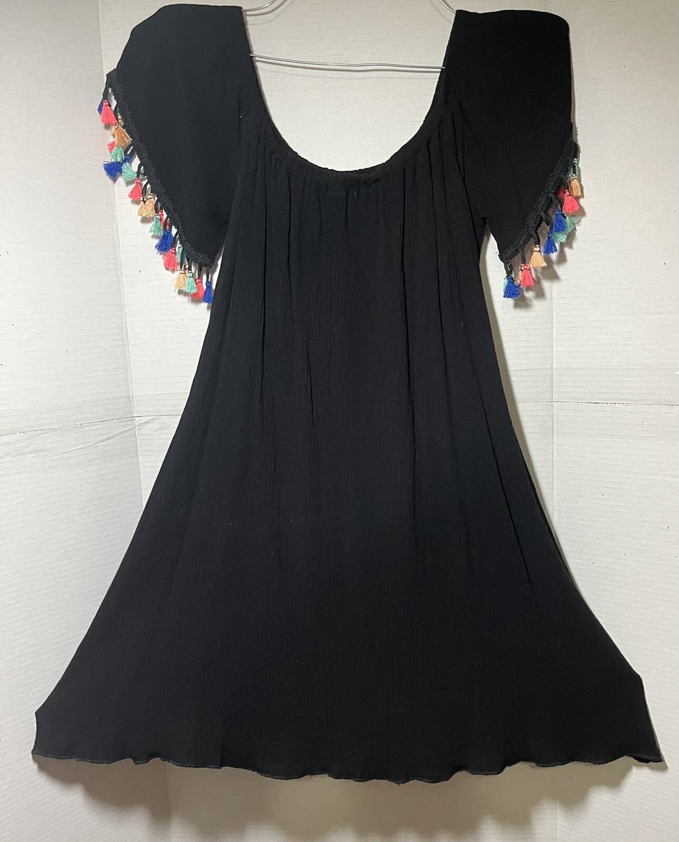 See You Monday Women Dress Black Tiny Pleat Stretch Off The Shoulder Tassel Trim See You Monday Women Dress Black Tiny Pleat Stretch Off The Shoulder Tassel Trim