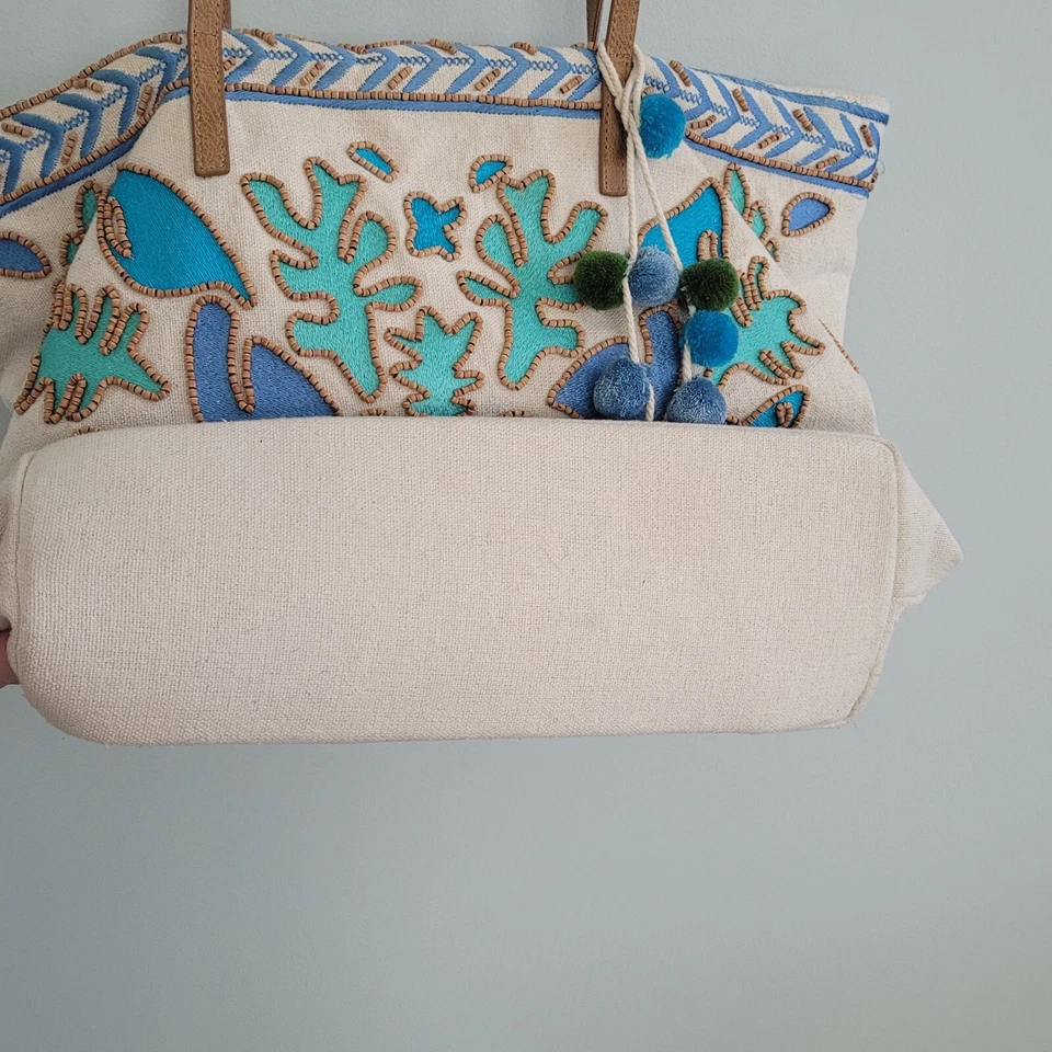 Steven by Steve Madden Jtucker Canvas Tote Bag Embroidered Beaded Beach Blue - Image 3 of 4