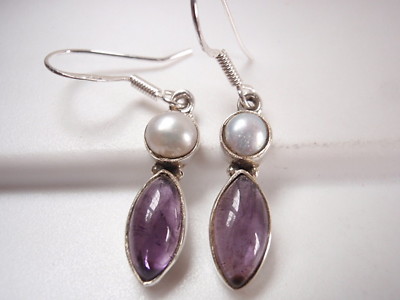 Cultured Pearl & Amethyst Marquise 925 Sterling Silver Earrings Corona Sun