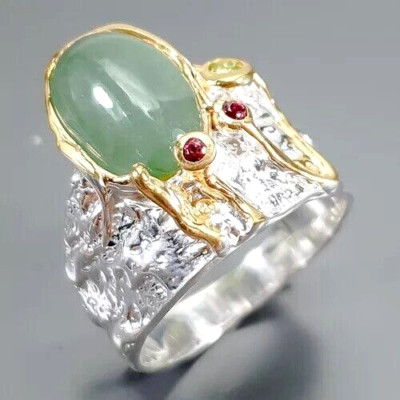 Schicker Designerring -Bandring 925erSilber -Jade -Rhodolit-14ctGold -RG:18 - 57
