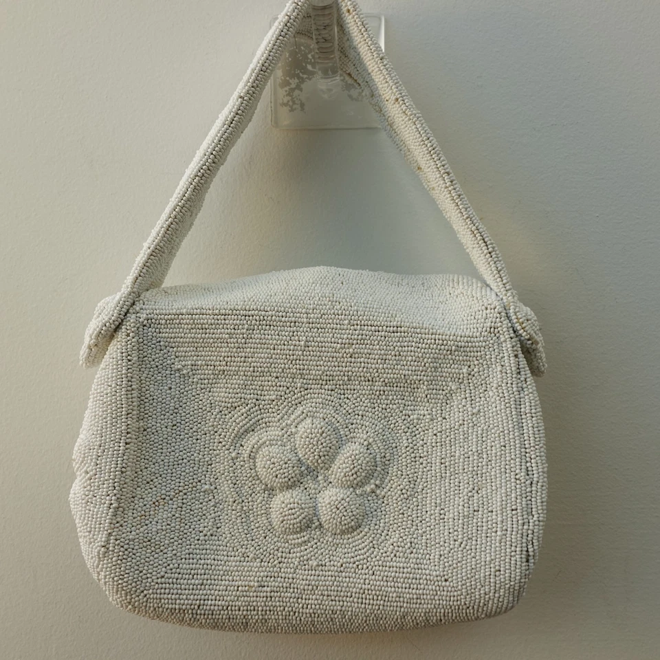 50s Vintage Beaded Purse Women Off White Floral Evening Wedding French Flap Bag - Image 2 of 4