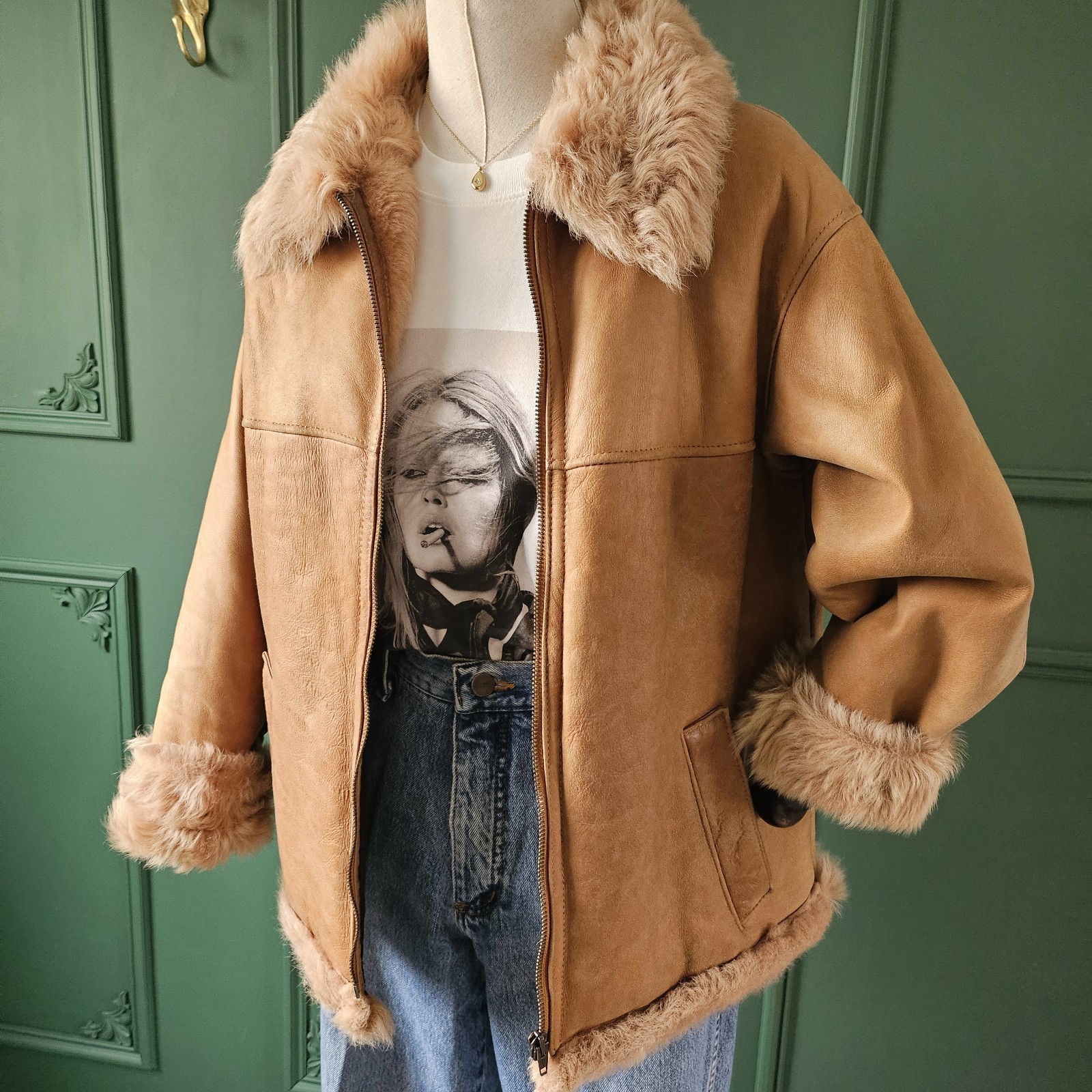 Vintage British Shearling Jacket UK 14 Tan Suede Aviator Coat Made in England image 6
