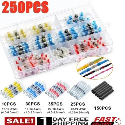 VEICULOS 250pcs Waterproof Solder Seal Sleeve Heat Shrink Butt Wire Connectors Terminals