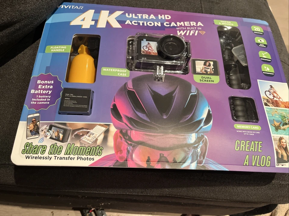 NEW Vivitar 4K Ultra HD Action Camera Bundle WiFi, 2 Screens + 64GB SD GoPro Nip - Image 2 of 2