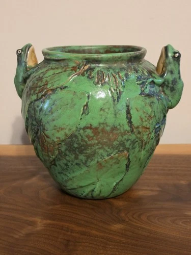 Weller Pottery AWESOME 8 1/4"" Coppertone Frog Handled Vase Factory MINT!