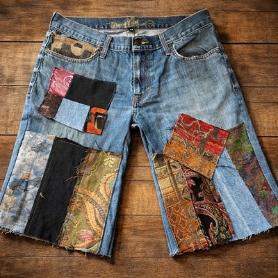 Old Navy Herren Upcycled Patchwork Denim Shorts | Vintage | Raw Hem 32  Waist