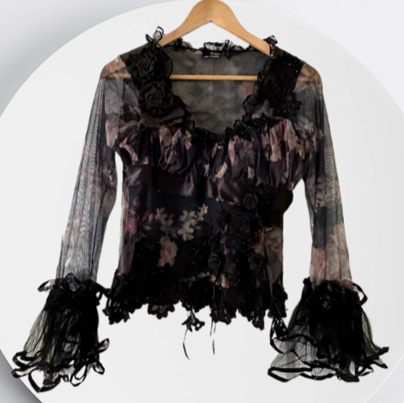Rare CELO Sheer Floral Ruffle Blouse Bell Sleeve Top Argentina MSRP $350