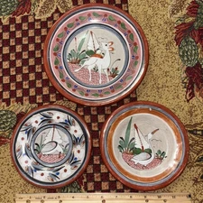 Mexican 3  Pottery Floral Plate Wall Hanging Tonala? Bird Deer Folk Art Design