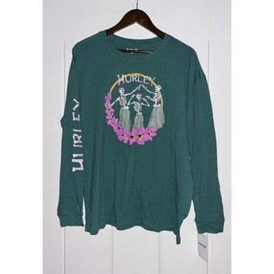 Hurley Skeleton Hula Dancers Long Sleeve Graphic Tee Green FLoral Surf Skull NEW
