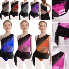 Kids Girls Dancewear Glittery Dress Performance Leotard Latin Color Block Jazz