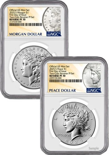 2025-S Morgan and Peace Silver Dollar 2pc Set Reverse Proof FDI NGC PF70