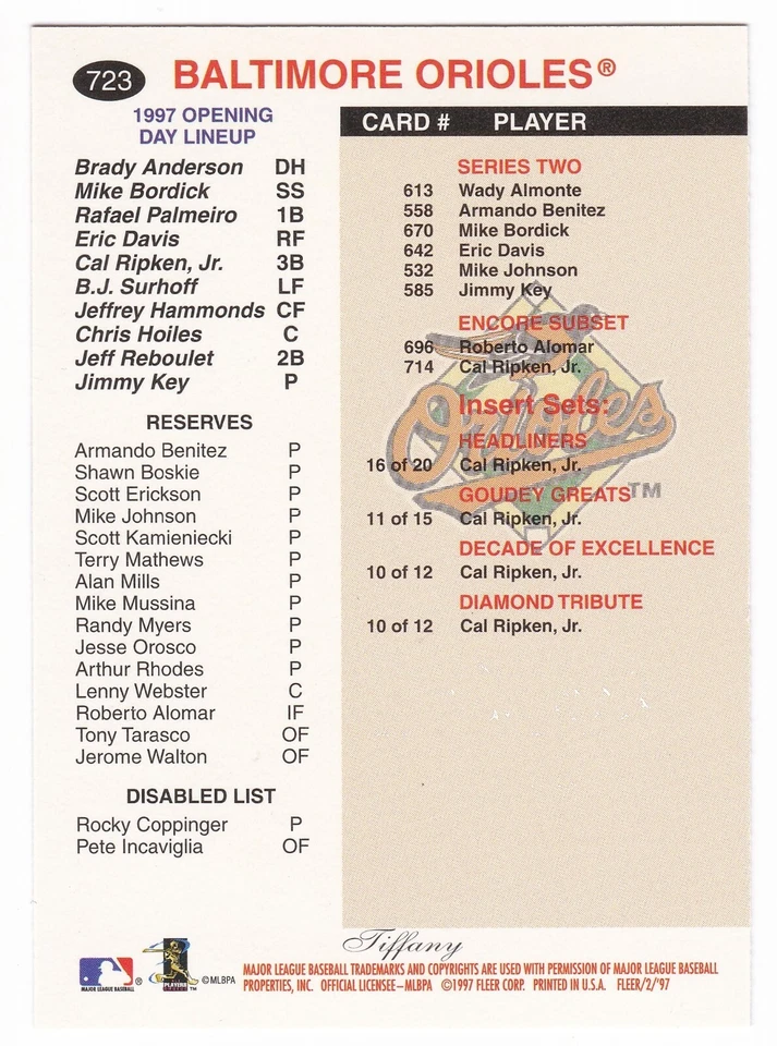 1997 Fleer Cal Ripken Jr #723 Checklist Tiffany SP Parallel Orioles HOF - Image 2 of 2