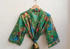 Cotton Robe Long Kimono Sleepwear Indian Dark Green Frida Night Suit Kimonos US