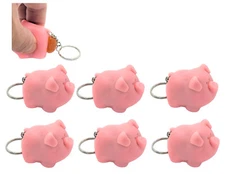 6 Pack - Naughty Squeeze Pooping Pink Pig Keychains (2") Animals Poop TURD