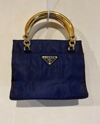 Prada Gold Metal Handle Logo Tote Nylon Navy Blue Mini Tote 