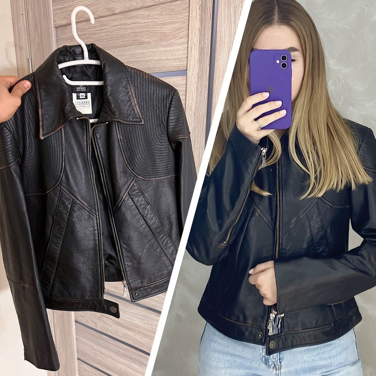 Vintage 90s Versace Jeans Couture Leather Jacket Distressed Design