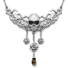 Skull Roses Pendant Necklace Thorny Vine with Smoke Quartz & White CZ Controse