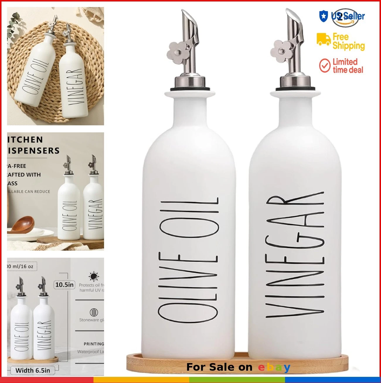 Olive Oil Dispenser Bottles Set of 2 16oz White Glass with Bamboo Tray for