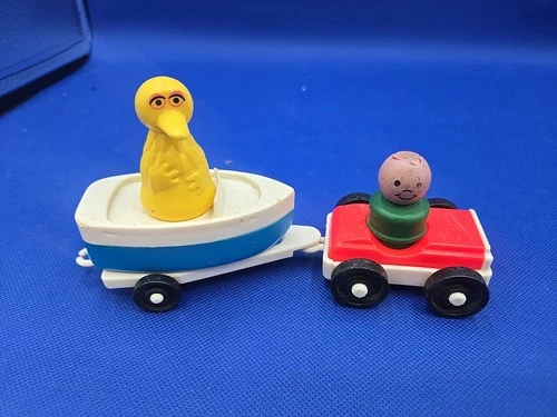 Vintage Fisher Price Little People Car, Boat Trailer, & Figure - 5 pieces.  T3