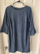 Talbots Chambray Blue Denim Shift Dress Knee Length Bell Sleeve Size 8P