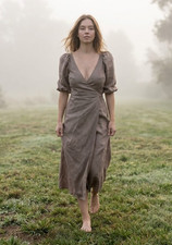 NWoT Reformation Mint in Clay Brown Linen Puff Sleeve Wrap Midi Dress XS $178