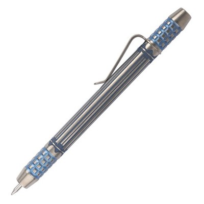 Ti2 Design TechLiner Grid Grip Shorty 5.0  Pen - Tumbled / Blue Ano Titanium