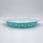 Vintage Pyrex Turquoise Snowflake 1-1/2 Quart Oval Divided Casserole Dish No Lid