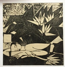 Tung Ngoc Nude ladybeside lotus flower woodcut painting20x20cm Argentina Vietnam