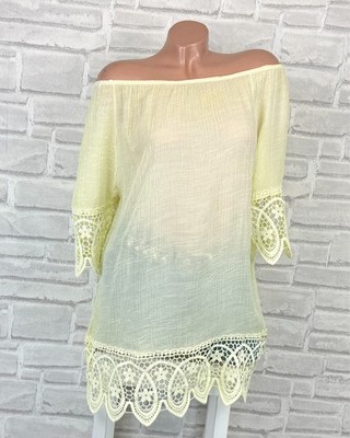 42 44 46 Carmen Long Bluse Tunika Shirt leicht Off-Shoulder Häkel Spitze C665