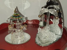Spun Blown Set Of (2) Glass Sculptures: Horses & Carousel & Bird Under Tree