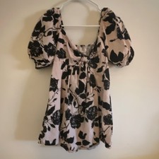 Girl Soul Floral Puff Sleeve A-Line Short Dress Pink Black Scoop Neck Size S