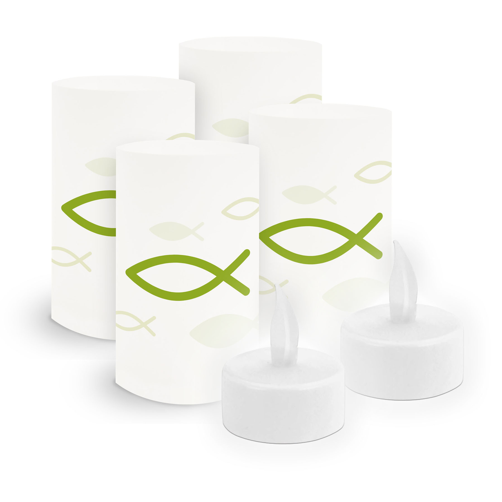 6x Windlicht Fisch grün inkl LED Licht Kerze Kommunion Taufe Konformation Set