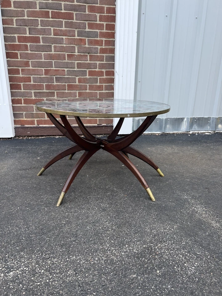 Mesa araña mármol piedra mosaico café teca 30” redonda mcm mediados siglo marroquí Foto 2 de 4