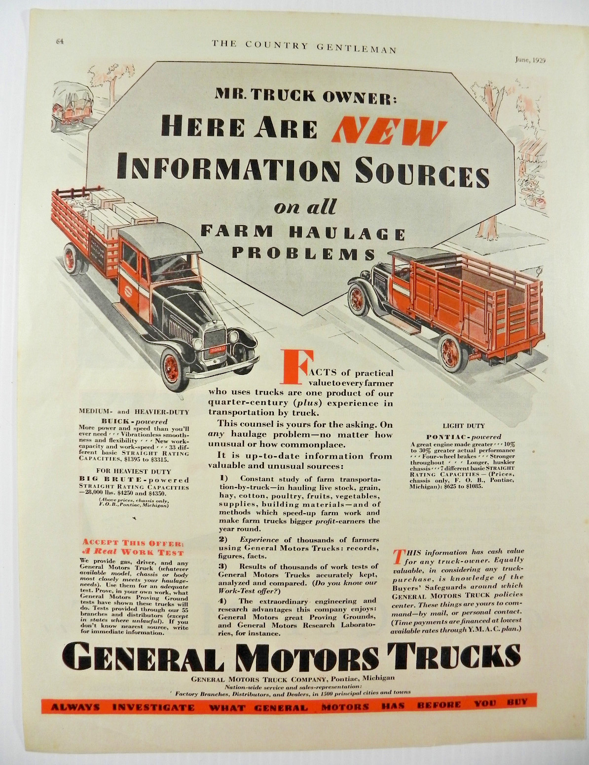 1929 General Motors Trucks Vintage Print Ad ~ GM Truck Co., Pontiac Michigan