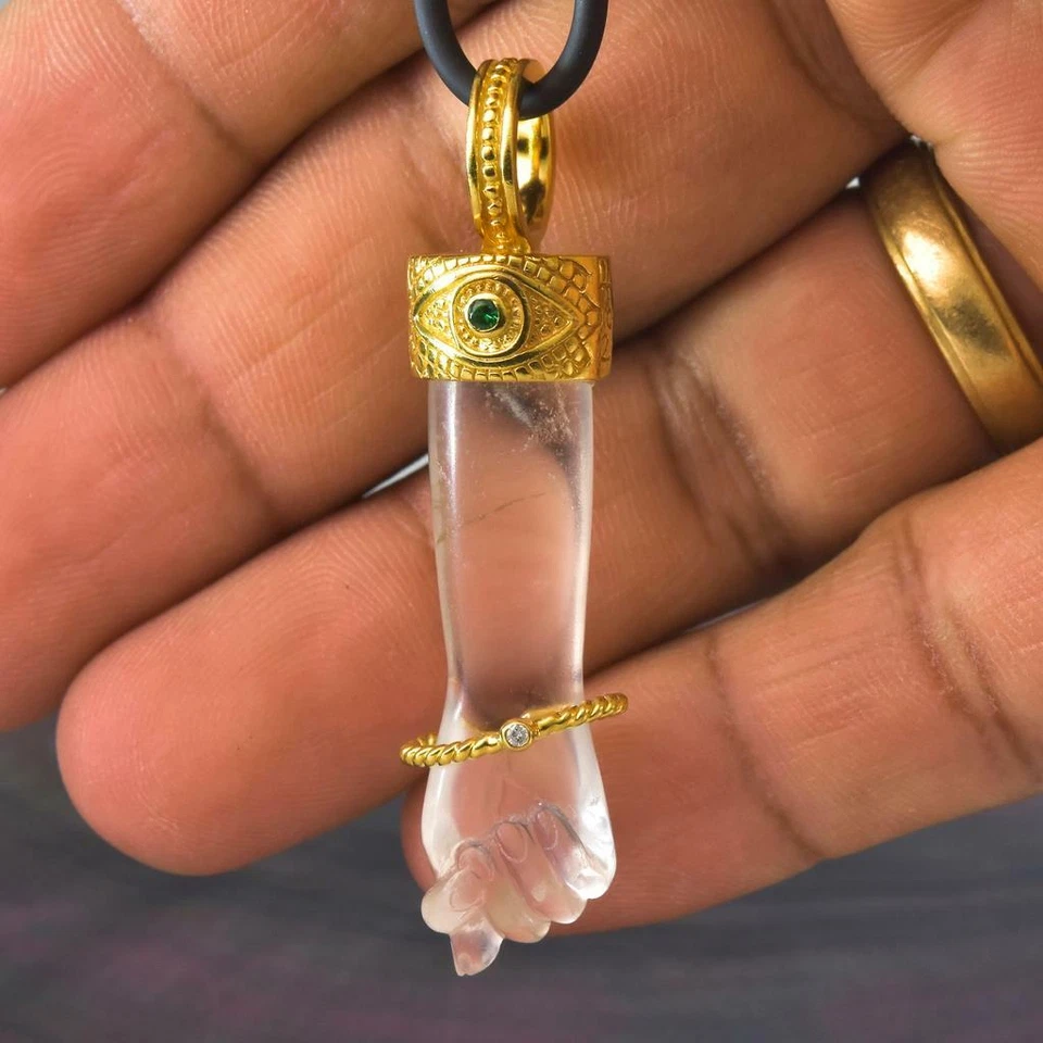 Gold Vermeil Sterling Mano Fico Figa Anhänger Kristallquarz Smaragd Diamant 12 g - Bild 4 von 4