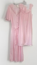 Vintage 70s Movie Star Pink Robe Nightgown Peignoir Set Sheer Nylon
