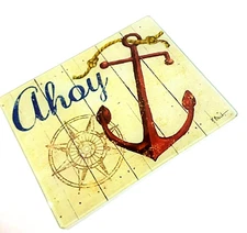 Art Tempered Glass Ahoy Anchor Cheese Board Paul Brent Beach Boat Kitchen Decor