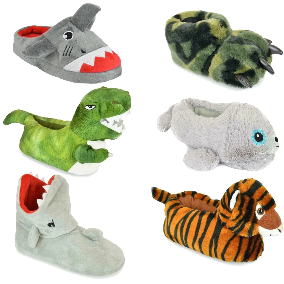 SLUMBERZ Jungen Mädchen Kinder Neuheit 3D Charakter Plüsch Hausschuhe Stiefel Tiere Tiger Dino