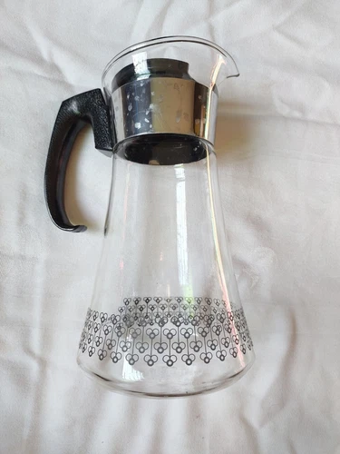 Vintage Pyrex Glass Coffee Juice Carafe Black Bee Pattern 1960s Pitcher Lid MCM