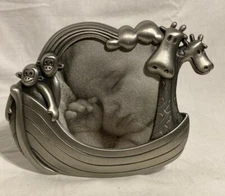 Fetco 3 x 3 Ark:Giraffe Monkey Boat Cast Metal Pewter Kids Picture Frame Silver 