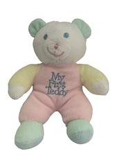 Vintage My First Teddy Bear 11" Rattle Pastel Color Block Terry Cloth Plush Baby