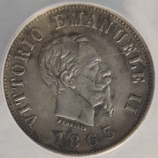 1863T BN Italy 50 Centesimi 50c Shield Reverse Silver Coin ANACS AU58 Details 1A - Image 3 of 4