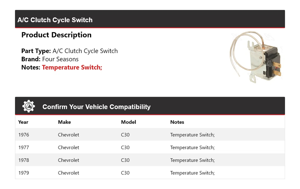 Interruptor de ciclo de embrague de aire acondicionado Chevrolet C30 1976-1979 4 estaciones 1977 1978 Foto 2 de 4