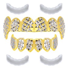Two Tone Diamond Cut Vampire Fangs Top Bottom Teeth Grillz 2 Extra Molds LS020C2