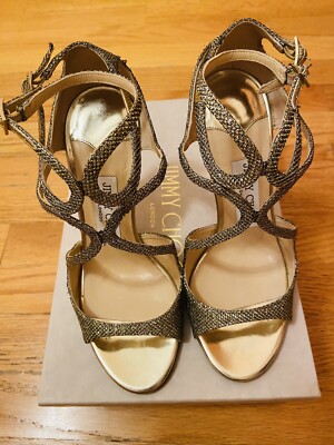 JIMMY CHOO Lance Lame Glut Light Bronze Strappy Sandal Stiletto