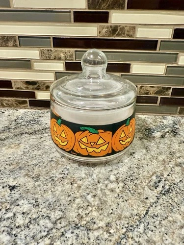 Vintage Glass Halloween Jack O Lantern Pumpkin Candy Jar Dish W/ Lid 