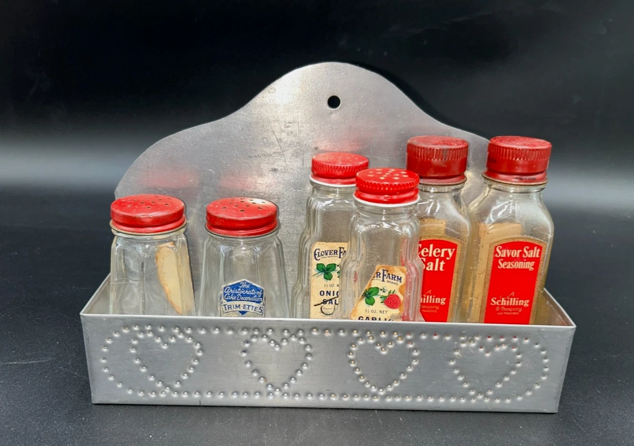 Vintage Spice Wall Holder with 6 Vintage Empty Labeled Bottles with metal lids