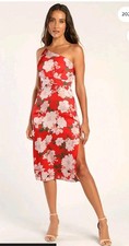 Lulus Red Floral Print Satin One-Shoulder Midi Dress,  Size Small