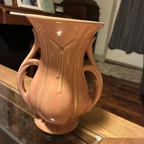 Vintage McCoy Stunning Pink Double Handle Shaped Tie Vase 9" BEAUTIFUL RARE!!