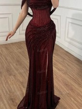 Shiny Burgundy Mermaid Prom Dress Slit Side A-line Birthday Formal Evening Gowns